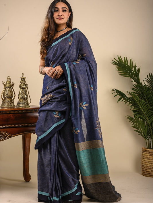 Handwoven Cotton Jamdani Saree (With Blouse Piece) - Navy Blue