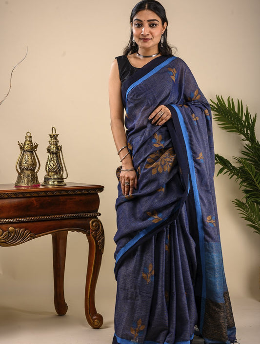 Handwoven Cotton Jamdani Saree (With Blouse Piece) - Navy & Bright Blue
