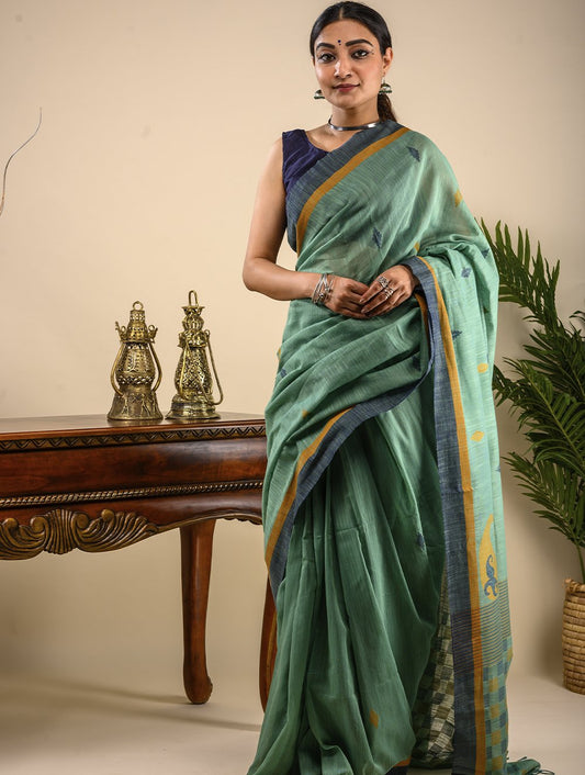 Handwoven Cotton Jamdani Saree (With Blouse Piece)-Sea Green