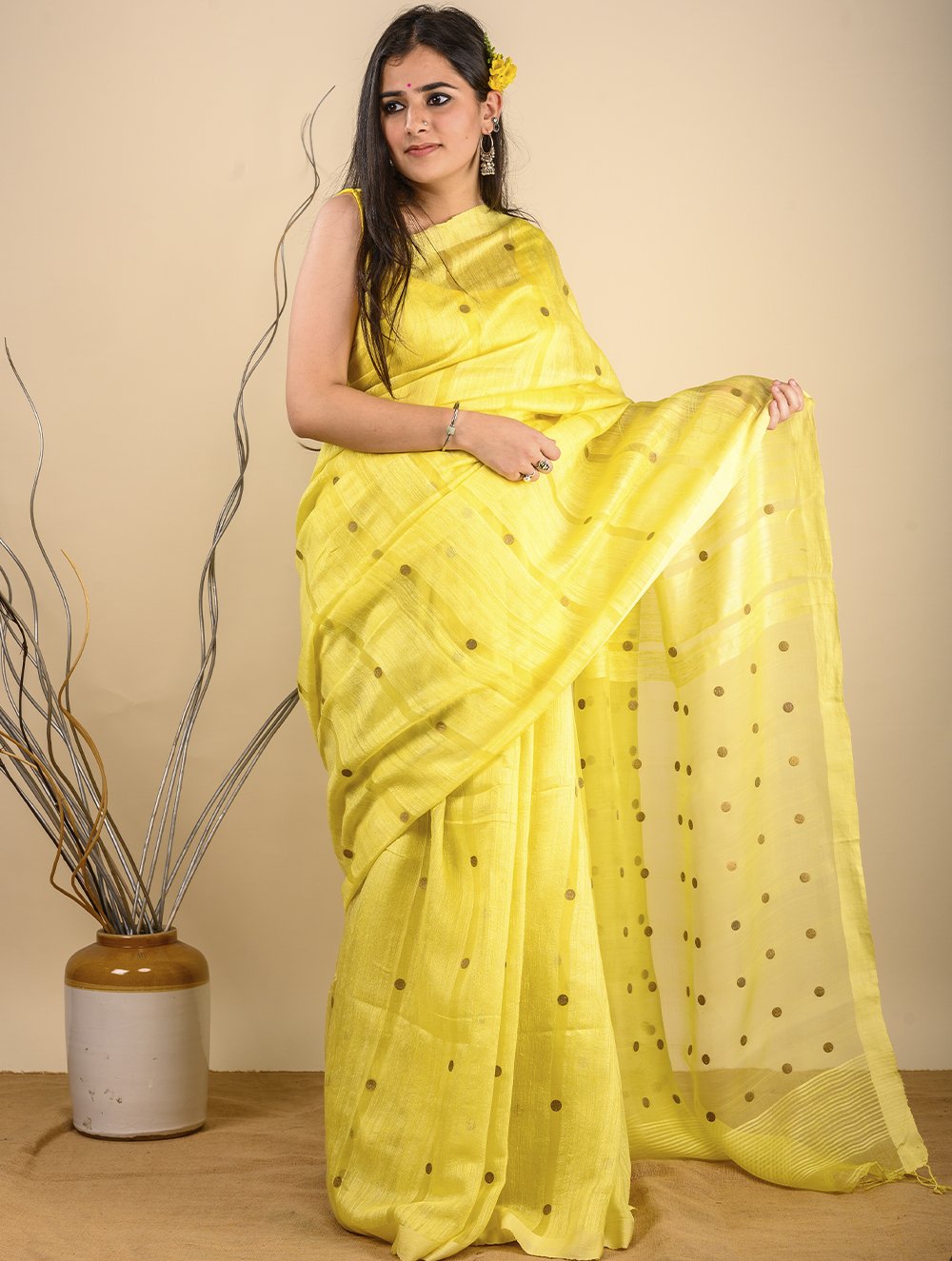 Handwoven Cotton Saree (With Blouse Piece) - Lemon Yellow with Large Gold Sequins