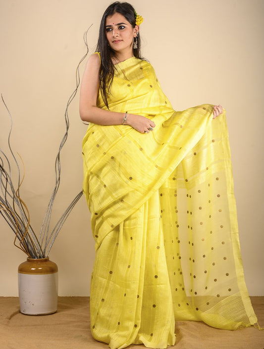 Handwoven Cotton Saree (With Blouse Piece) - Lemon Yellow with Large Gold Sequins
