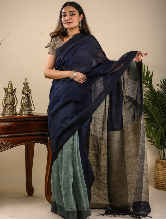 Handwoven Cotton Saree (With Blouse Piece) - Navy Blue & Soft Blue Patli