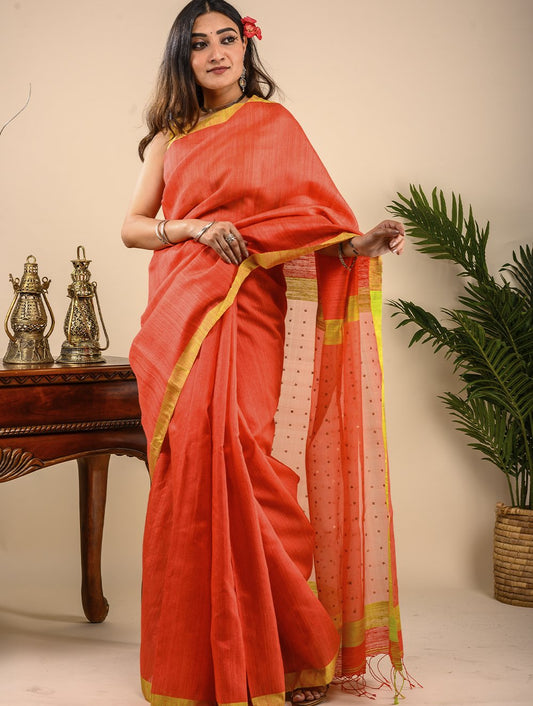 Handwoven Cotton Saree (With Blouse Piece) - Orange & Lime Green Sequin Pallu
