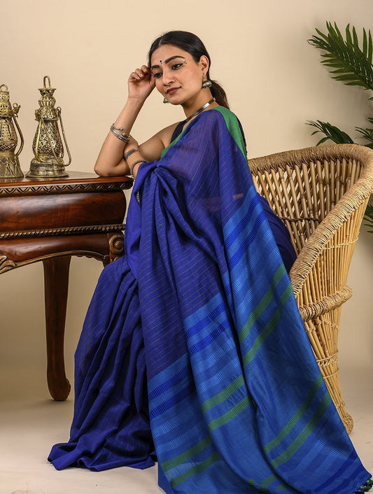 Handwoven Cotton Saree (With Blouse Piece) - Royal Blue