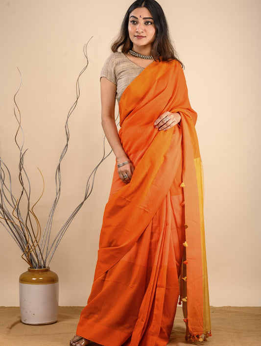 Handwoven Cotton Saree (With Blouse Piece) - Shades Of Orange
