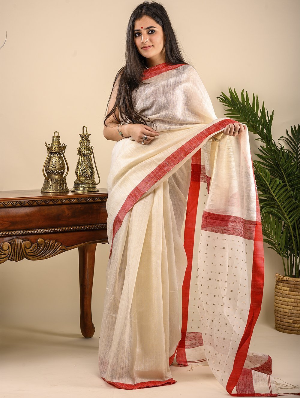 Handwoven Cotton Saree (With Blouse Piece) - White & Red Sequin Pallu