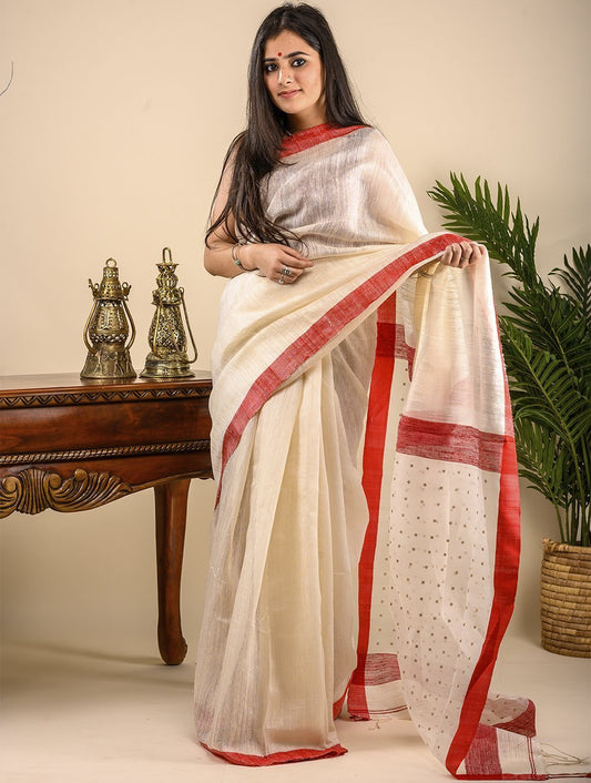Handwoven Cotton Saree (With Blouse Piece) - White & Red Sequin Pallu
