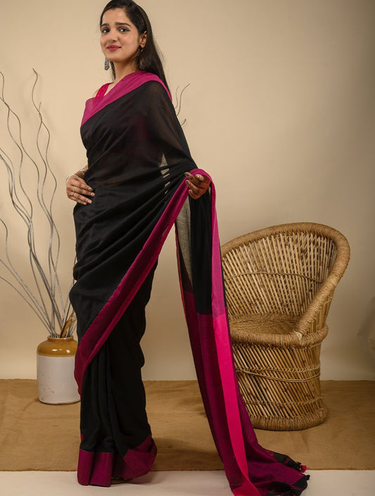 Soft & Striking. Pure Handwoven Cotton Saree (With Blouse Piece)- Striking Black