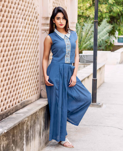 Solid Blue Crop Top with Box Pleated Palazzo