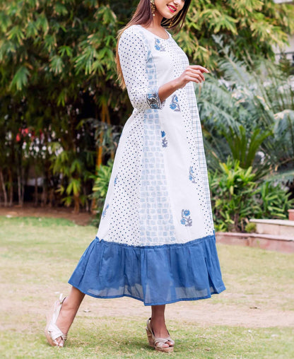 White and Blue Block Printed Dress