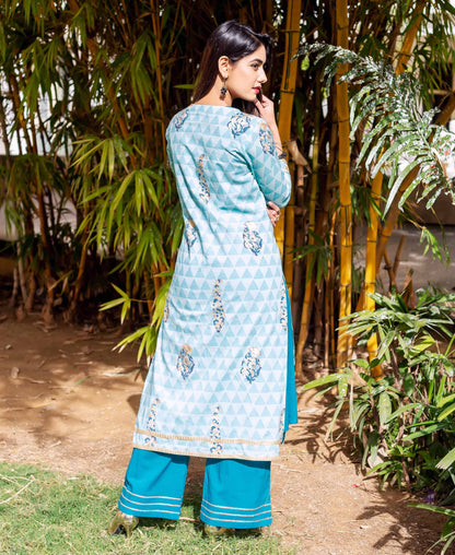 Aqua Printed Cotton Jacket Suit Set
