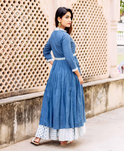 Blue and White Button Down Floor Length Dress