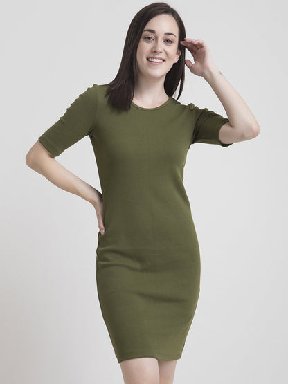 Stretchable Round Neck Shift Dress - Olive