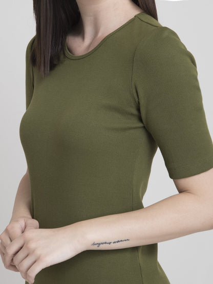 Stretchable Round Neck Shift Dress - Olive