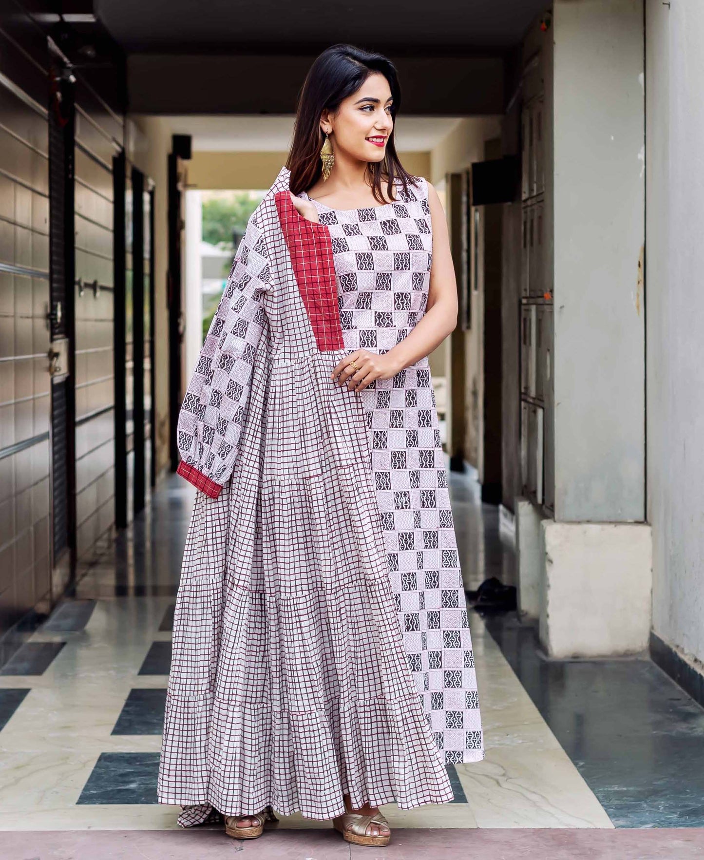 Double Layer Striped Printed Tiered Dress