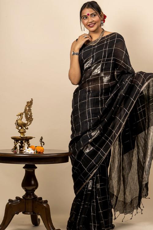Stunning in Black. Exclusive Linen Sari (With Blouse Piece)