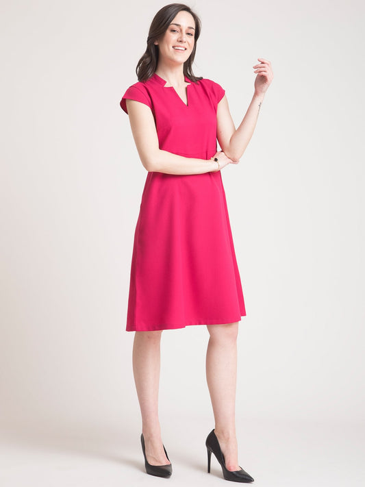 Stylised Neck Belted Fit and Flare Dress - Fuchsia Pink