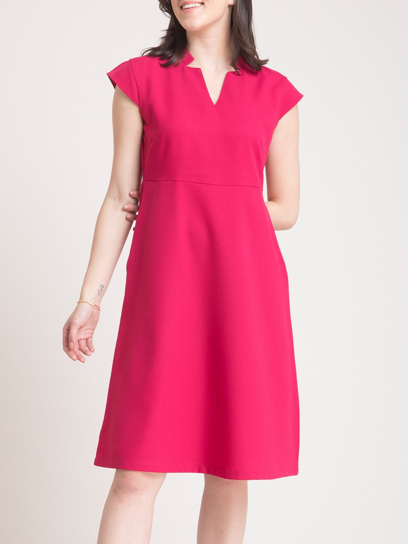 Stylised Neck Belted Fit and Flare Dress - Fuchsia Pink