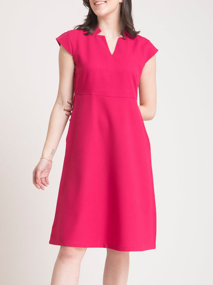 Stylised Neck Belted Fit and Flare Dress - Fuchsia Pink