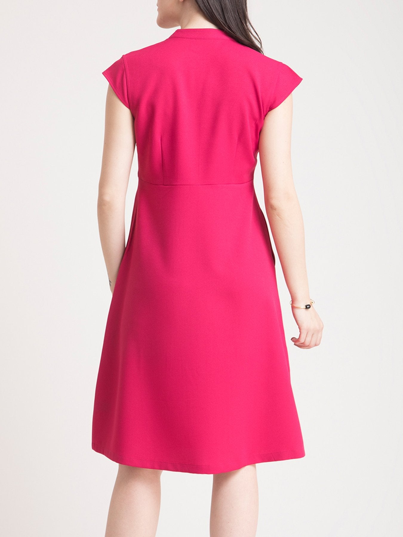Stylised Neck Belted Fit and Flare Dress - Fuchsia Pink