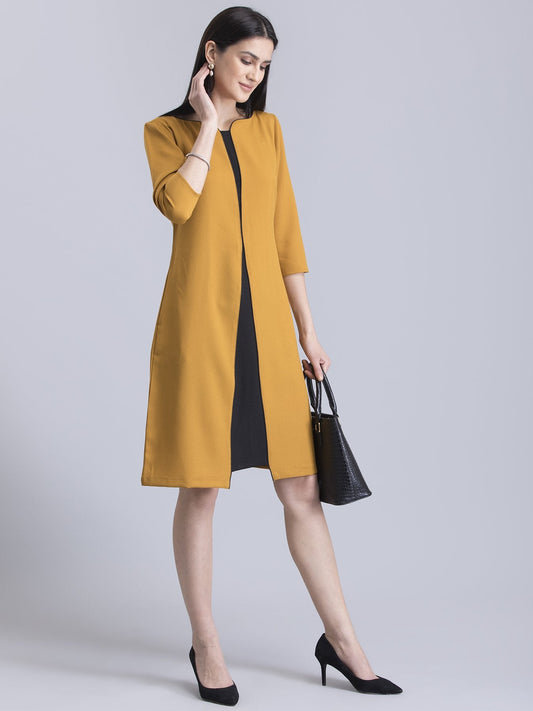 Stylised Neck Colour Block Dress - Mustard and Black
