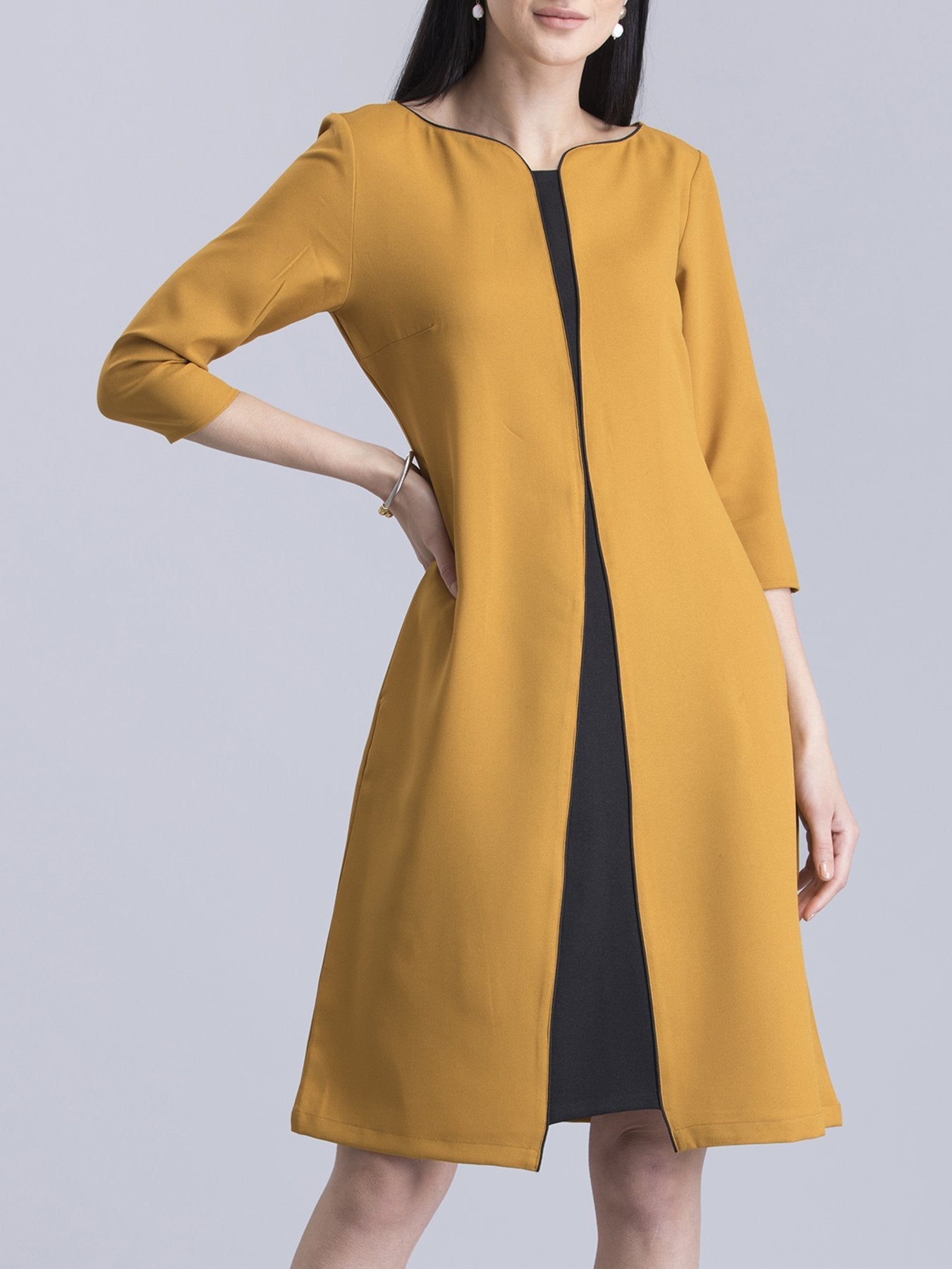 Stylised Neck Colour Block Dress - Mustard and Black