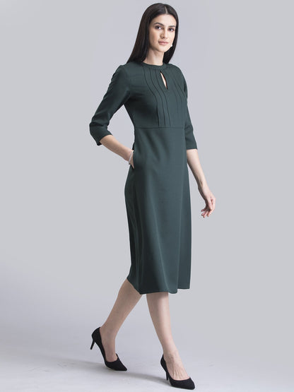 Stylised Neck Pintuck Dress - Green
