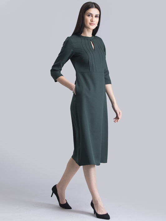 Stylised Neck Pintuck Dress - Green