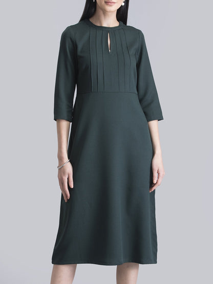 Stylised Neck Pintuck Dress - Green