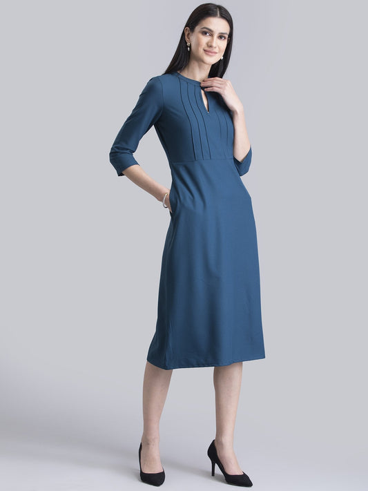 Stylised Neck Pintuck Dress - Teal