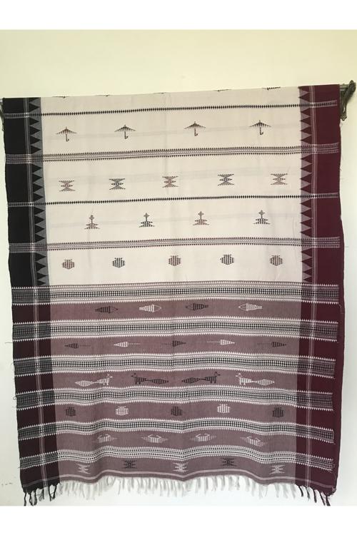 Kotpad' Tribal Odisha Handloom Cotton Offwhite/ Maroon/ Coffee Saree