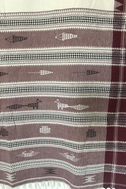 Kotpad' Tribal Odisha Handloom Cotton Offwhite/ Maroon/ Coffee Saree