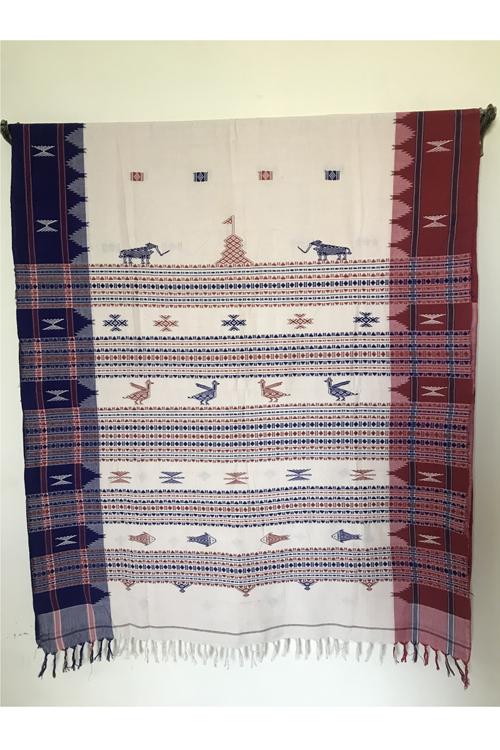 Kotpad' Tribal Odisha Handloom Cotton Offwhite/ Maroon/ Indigo Saree
