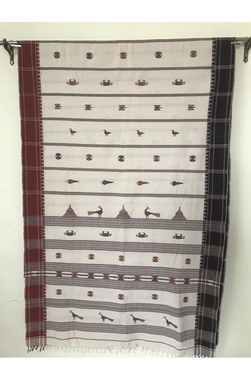 Kotpad' Tribal Odisha Handloom Cotton Saree-Color-Offwhite/ Maroon/ Coffee