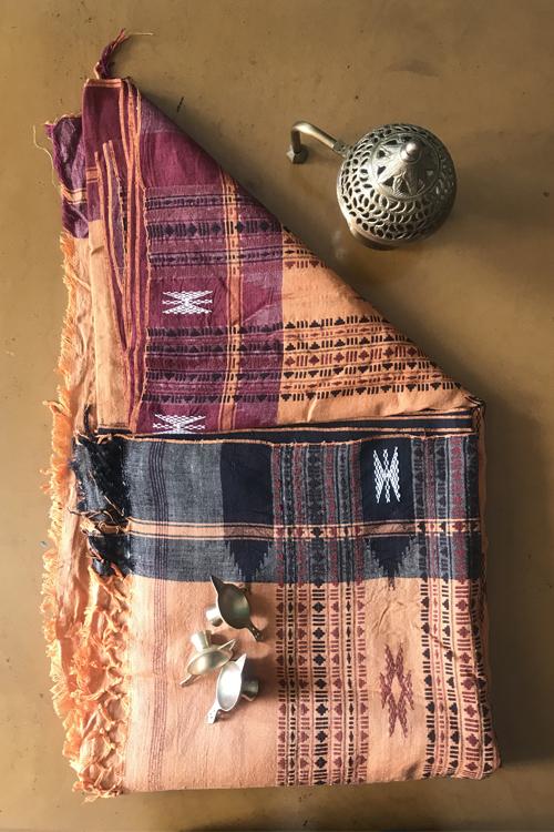 Kotpad' Tribal Odisha Handloom Kosa Saree-Orange/ Maroon & Coffee Border
