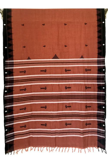 Kotpad' Tribal Odisha Handloom Cotton Orange with Navy blue Border Saree