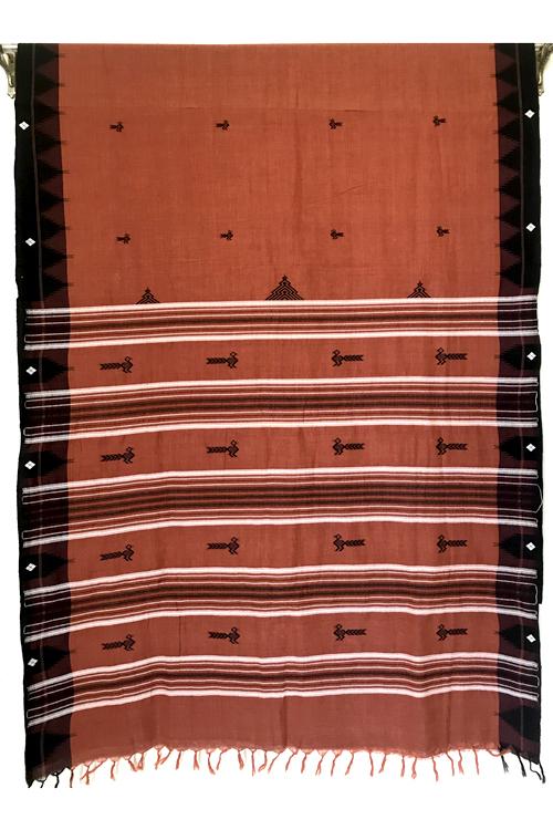 Kotpad' Tribal Odisha Handloom Cotton Orange with Navy blue Border Saree