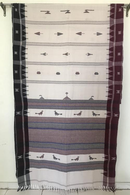 Kotpad' Tribal Odisha Handloom Cotton Offwhite Maroon and Coffee Border Saree
