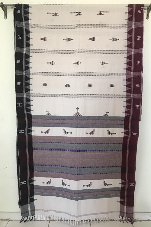 Kotpad' Tribal Odisha Handloom Cotton Offwhite Maroon and Coffee Border Saree