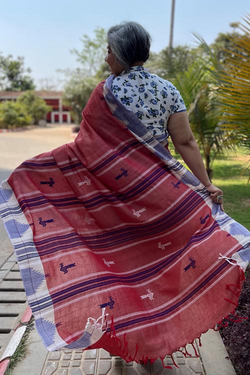 Kotpad' Tribal Odisha Handloom Kosa Peach Red & White Saree