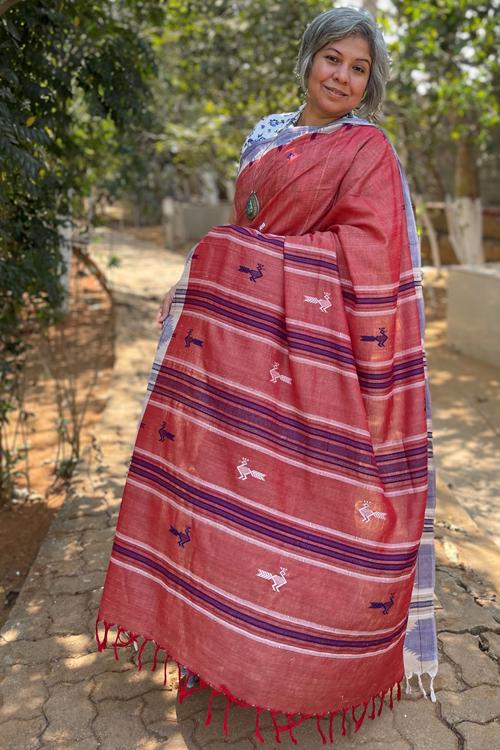 Kotpad' Tribal Odisha Handloom Kosa Peach Red & White Saree