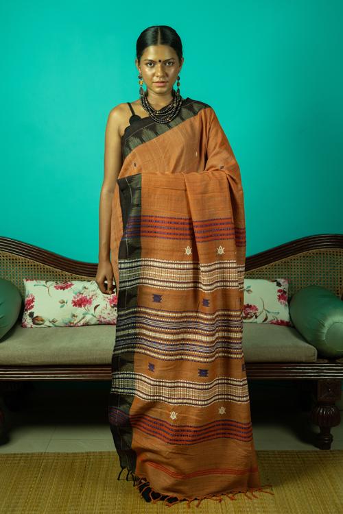 Kotpad' Tribal Odisha Handloom Kosa Rust and Coffee Saree