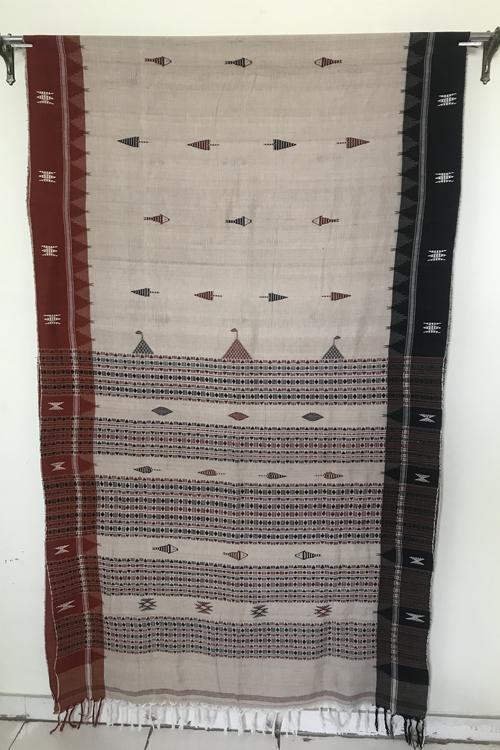 Kotpad' Tribal Odisha Handloom Kosa Saree-Col-Offwhite Maroon and Coffee Border