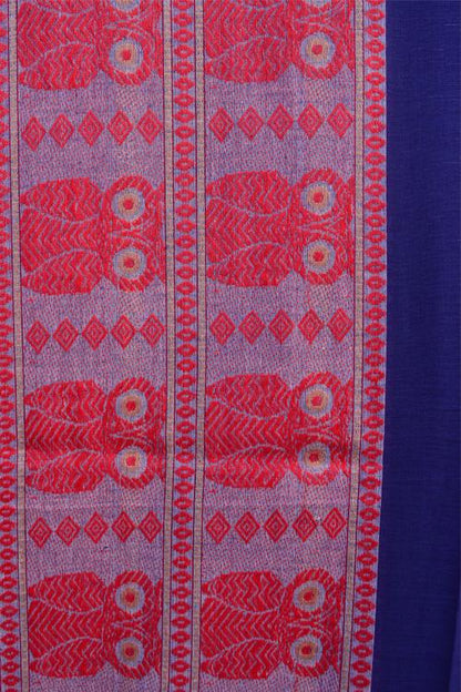 Bengal Handloom Traditional Owl Designed Red & Blue Cotton Saree.