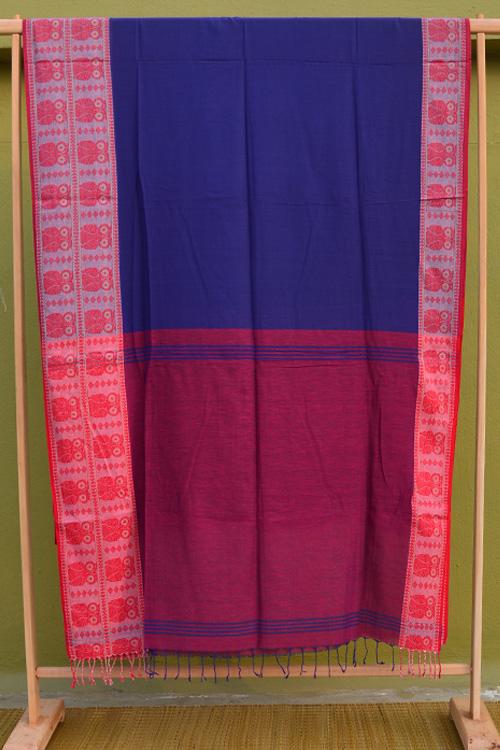 Bengal Handloom Traditional Owl Designed Red & Blue Cotton Saree.