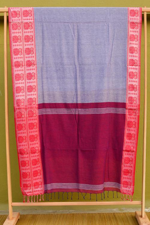 Bengal Handloom Traditional Owl Designed Grey &Red Cotton Saree.