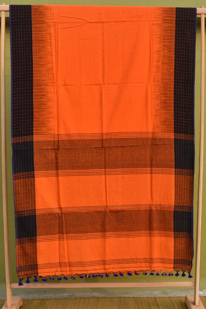 Bengal Handloom Traditional Checkard Border Soft Cotton Orange Saree