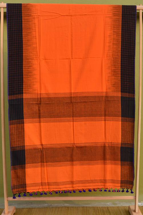 Bengal Handloom Traditional Checkard Border Soft Cotton Orange Saree