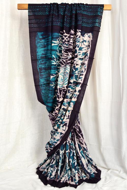 Bengal Handloom Cotton Saree Col- Sea Green &Black White.