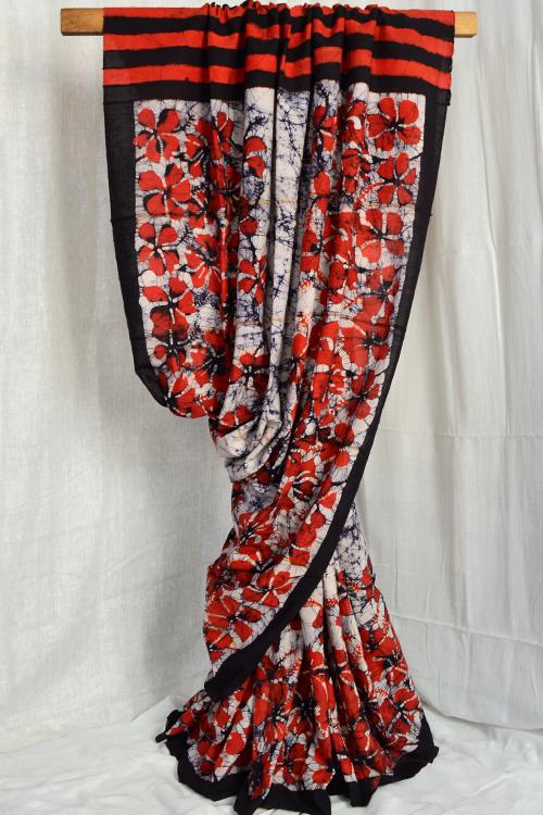Bengal Handloom Cotton Saree Col- Rust, White And Black